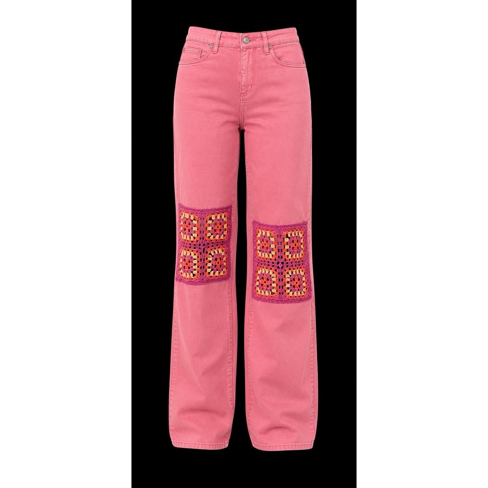 NWT Judy Blue High Rise Crochet Patched Wide Leg Jeans Dusty Pink 14W